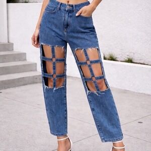 Carmar Women Blue Cage raw Cutout distressed High Waisted Straight Leg Jeans 26